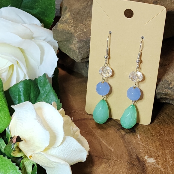 Jewelry - Chandelier Earrings With Faceted Glass And Green Acrylic Teardrop Beads
